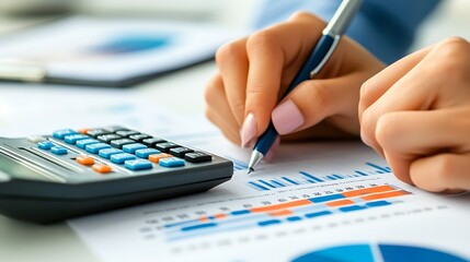 Businesswoman Calculating Financial Investment with Documents and Calculator