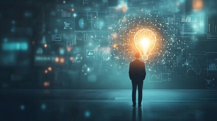 Businessman Inspired by a Light Bulb with a Brain Inside, Standing Before a Digital Interface