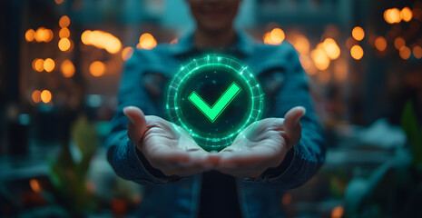 A person is holding a green check mark in their hand