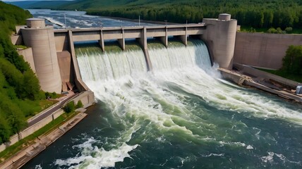 Hydroelectric dam with rushing water
