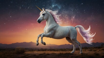 Fototapeta premium Unicornio en la estepa bajo cielo estrellado