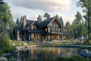 luxury classic dark green chalet house in the edge of clear lake 