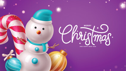 Christmas greeting vector design. Snowman character with candy cane, pattern balls and shining stars for holiday season greeting in purple snow winter background. Vector illustration happy new year 