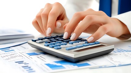Businesswoman Typing on Calculator with Investment Data on Desk