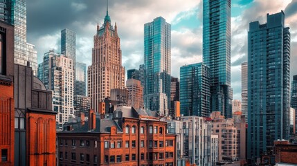 Fototapeta premium A historic skyline with old buildings contrasted against modern skyscrapers, showcasing the blend of past and present.
