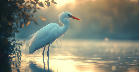 Fototapeta premium A white bird is standing in the water