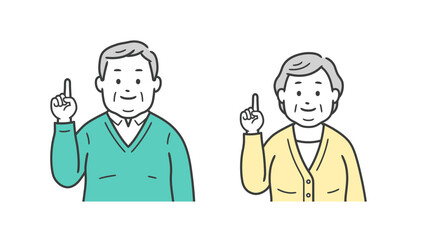 指差しをする高齢者小太り男女の上半身イラスト
