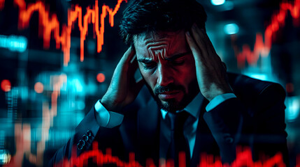 The Man Shows Stress with Transparent Overlay of Stock Market Graph in Downtrend