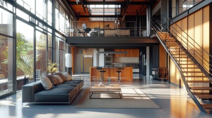 Fototapeta premium A modern living space showcasing different materials like glass, metal, and wood in interior design.