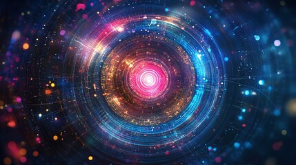 Obraz premium Abstract futuristic technology background with glowing circular patterns and light streaks.