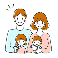 Line drawing illustration of a young family. Father, mother, sister, baby