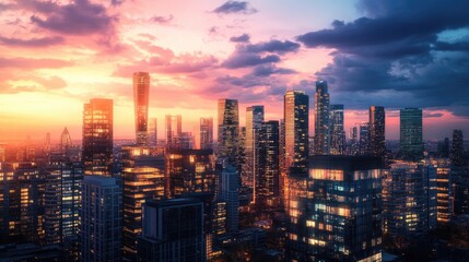 Fototapeta premium A panoramic view of a modern skyline with unique architecture, illuminated by the warm glow of sunset