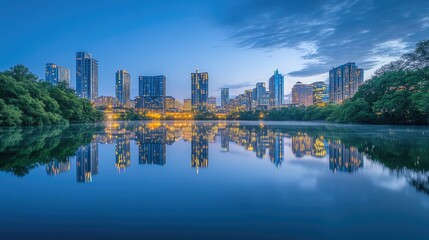Fototapeta premium A serene view of a city skyline mirrored in a calm river, creating a beautiful reflection of urban architecture.