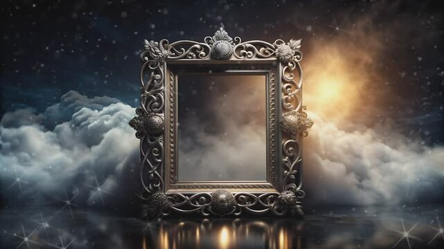 Ornate Silver Frame Surrounded by Clouds and Fog