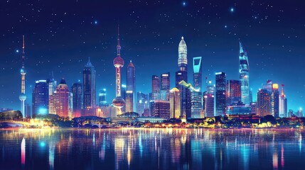 Obraz premium A skyline filled with iconic landmarks, beautifully lit at night, representing the unique culture of the city.