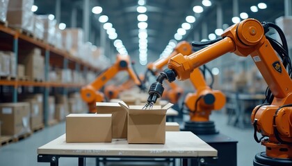Fototapeta premium Automated Packaging Robots Organizing and Boxing Items in a Warehouse