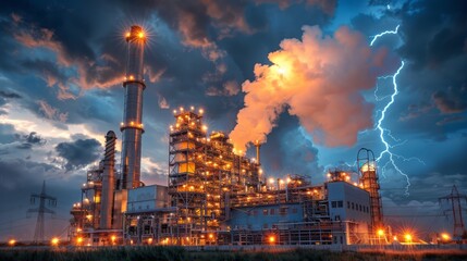 Dramatic Industrial Power Plant with Stormy Backdrop