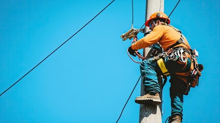 High Angle Worker on Power Pole with Clear Blue Sky