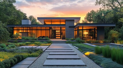 Fototapeta premium modern house exterior at sunset architectural glass windows