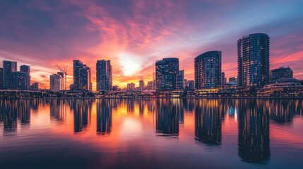Fototapeta premium A stunning sunset view over a waterfront skyline, highlighting buildings reflected in the water as day turns to night.
