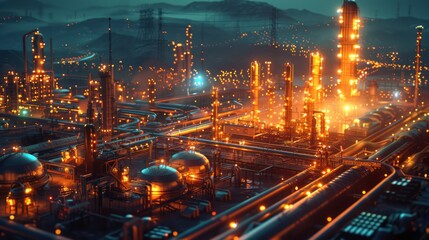 Fototapeta premium Glowing Chemical Plant at Night with Illuminated Tanks