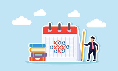 Fototapeta premium A businessman holding a pencil standing next to a calendar schedule and a stack of books, an illustration of scheduling to prepare a project report on time.