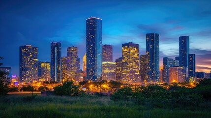 Fototapeta premium A vibrant city skyline at dusk, showcasing glowing skyscrapers against a deep blue sky, reflecting urban life.