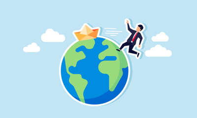 A businessman chasing a paper boat sailing around the Earth, an illustration of catching up in business against a competitor.