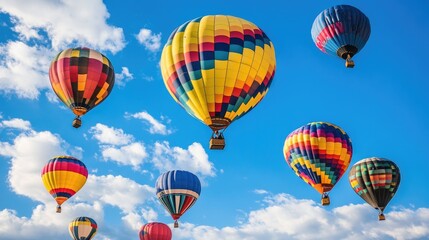 Obraz premium A vibrant scene of colorful hot air balloons rising into the sky during a festival, celebrating the joy of flying