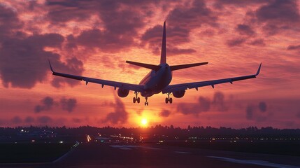 Fototapeta premium A view of a commercial airplane taking off against a beautiful sunset, capturing the excitement of flying. 5