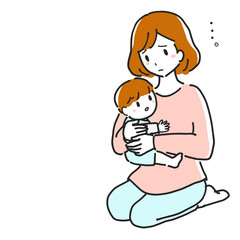Line drawing illustration of a young mother struggling to raise her child.