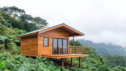 A modern wooden cabin perched on a hillside, surrounded by lush greenery and misty mountains, offering a serene retreat in nature.
