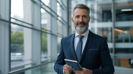 Fototapeta premium Confident businessman in modern office holding notepad with financial tips, exuding success and prosperity in professional environment.