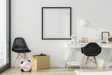 Minimalist and modern child's bedroom or playroom interior with a white desk, stylish chairs, and a blank picture frame for your design.