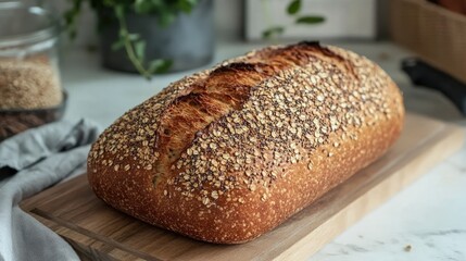 An artisan bread loaf made from whole grains, presented on a wooden cutting board. -