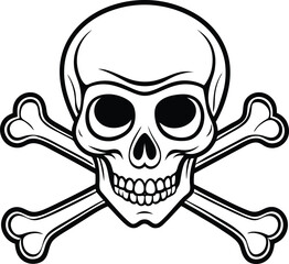 Skull and crossbones, black and white vector tattoo illustration of human skull with crossed bones, isolated on white background