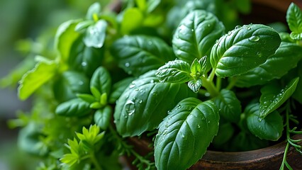 A close-up of fresh organic herbs, showcasing vibrant green leaves with rich textures and details. Perfect for culinary, health, and organic lifestyle visuals.