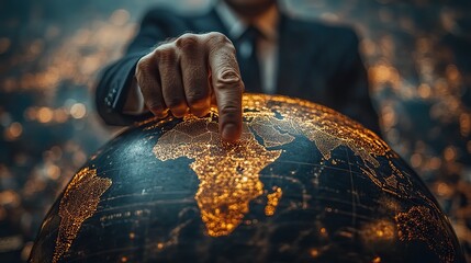 A businessman points to Africa on a globe, representing financial planning and global business strategy.