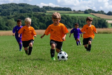 Obraz premium Group Of Children Playing Football With Friends In Nature