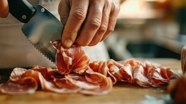 Butcher cutting thin slices of prosciutto with a slicer, showing the delicate, translucent meat.