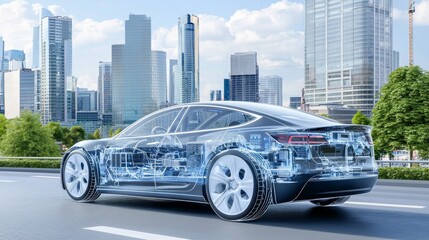 A futuristic electric vehicle showcasing digital elements against a modern city skyline, symbolizing innovation in automotive technology.