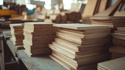 Fototapeta premium Cleanly cut wooden boards arranged in stacks, ready for carpentry work in a workshop.