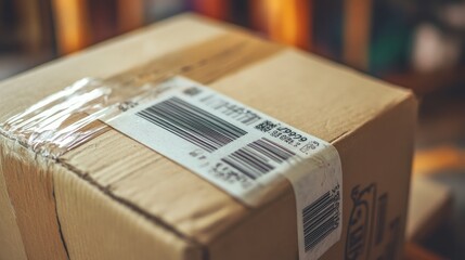 Close-up of a package label on a cardboard box, with barcodes and fragile stickers.