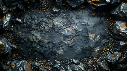 Fototapeta premium Dark And Cracked Rock Texture Background With Scattered Golden Nuggets