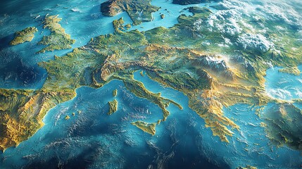 A detailed satellite view of Europe presents the physical map of various European countries.