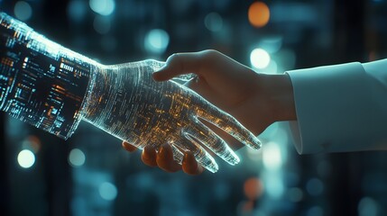 Imaginative visual business handshake with computer graphic of investment data . Futuristic business marketing and partnership deals . 3D Rendering. 