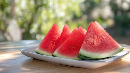 Freshly cut watermelon wedges on a serving platter, with bright red fruit glistening.