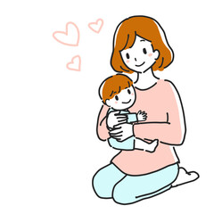 Line drawing illustration of a happy mother holding her baby with a smile.