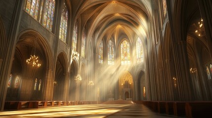 Grand cathedral interior with vaulted ceilings, stained glass windows, and sunlight streaming through