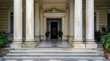 Obraz premium Grand marble entrance to a historical building, with ornate pillars and carved stone details.